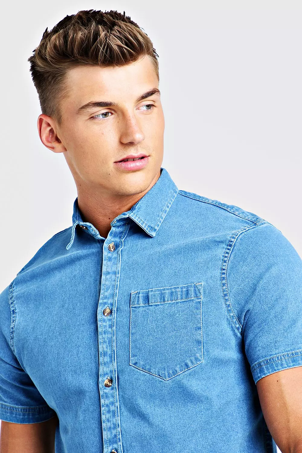 Short Sleeve Denim Shirt In Muscle Fit boohooMAN USA
